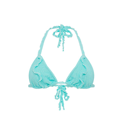 Mint triangle bikini top with tie straps and tassel accents