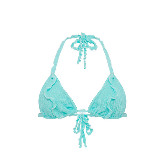 Mint triangle bikini top with tie straps and tassel accents