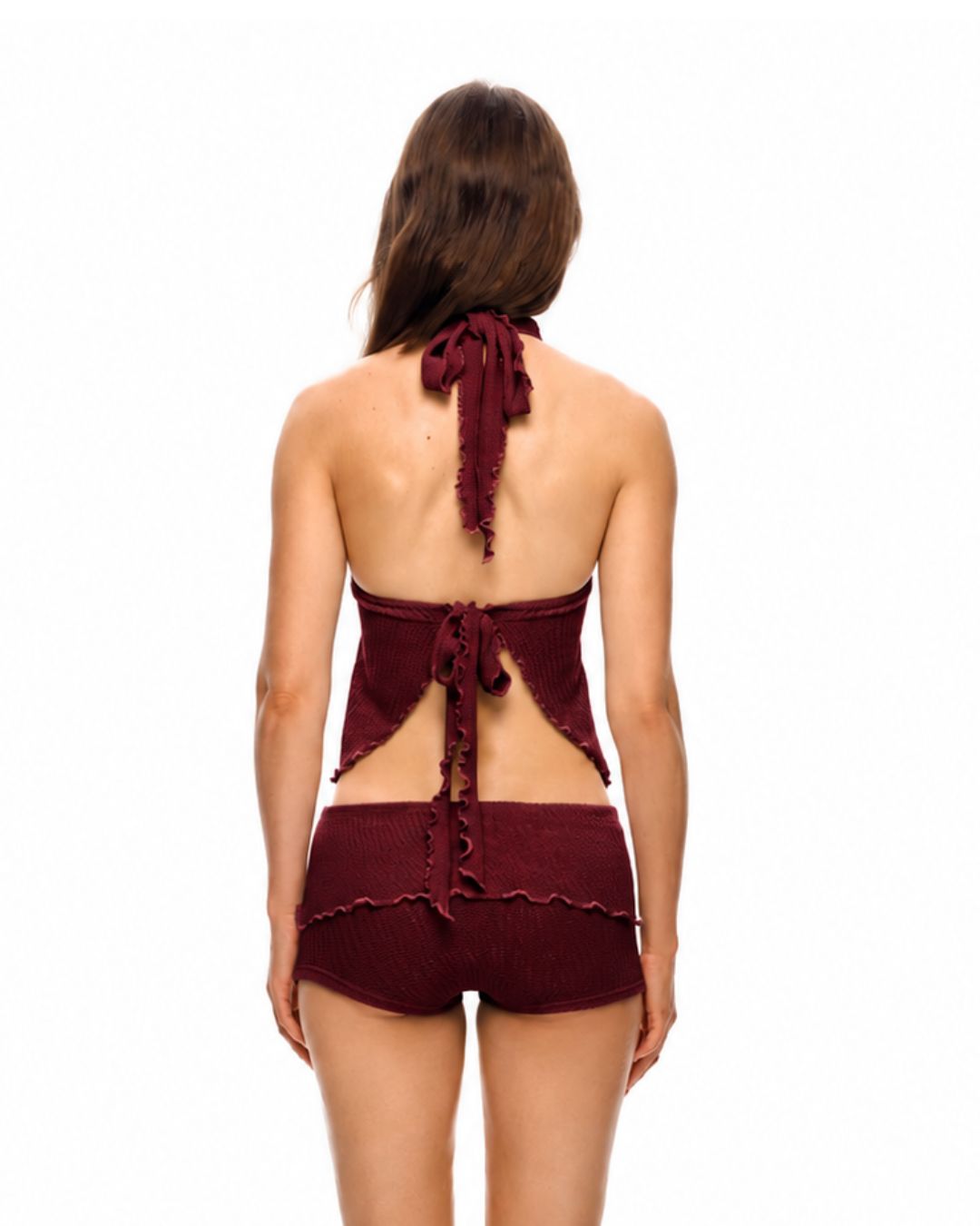 Burgundy halter tankini top with open back and long bow ties
