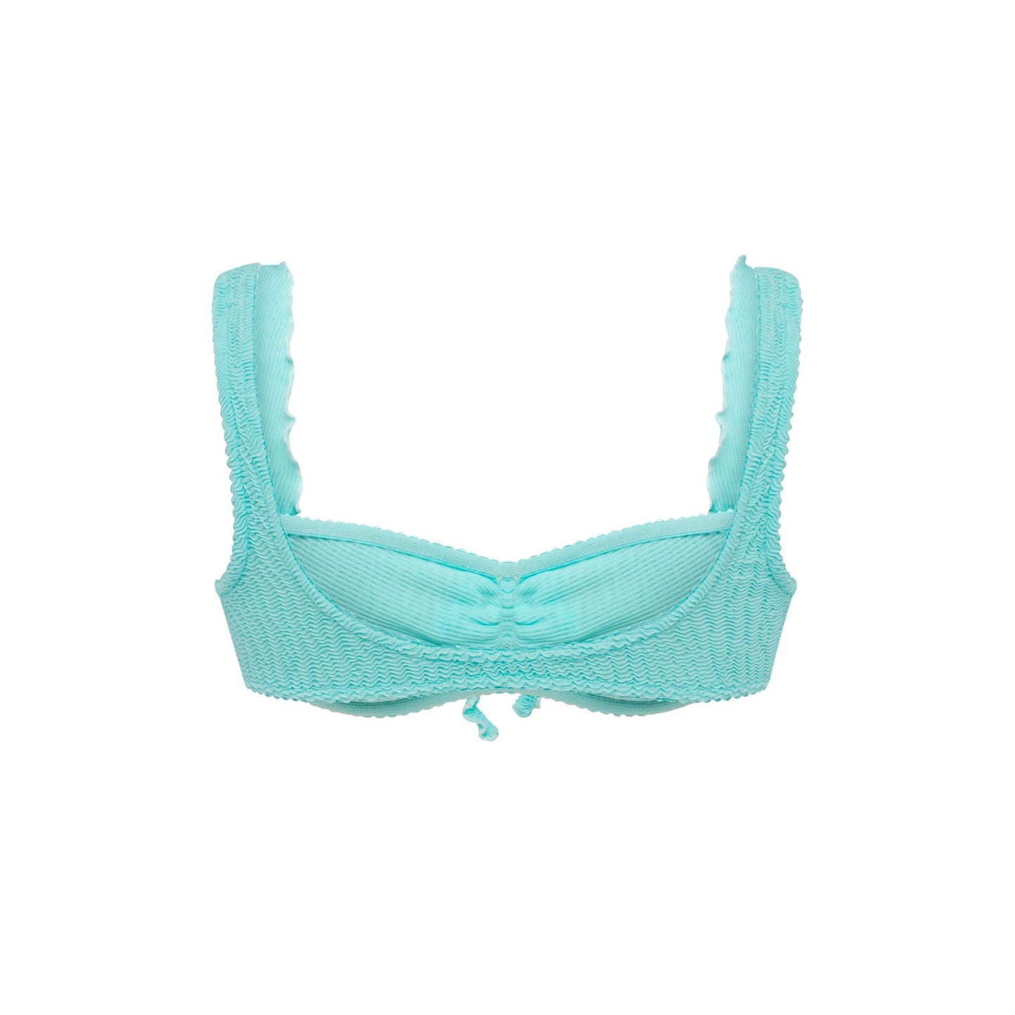Mint ruffle bikini top with crisscross back straps and scalloped edging