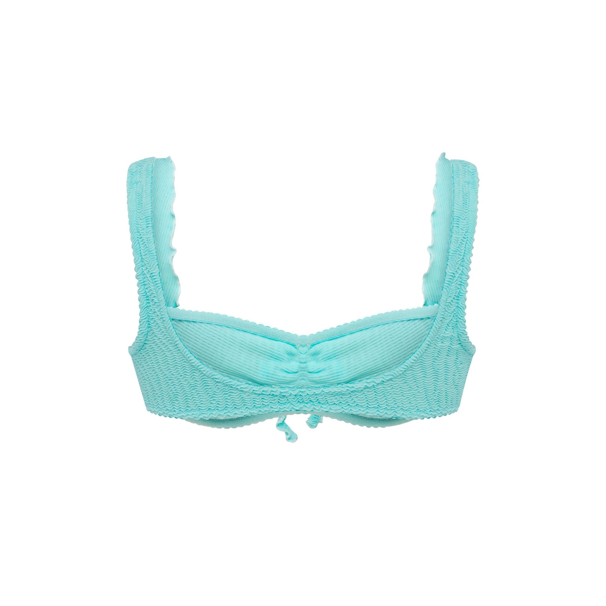 Mint ruffle bikini top with crisscross back straps and scalloped edging
