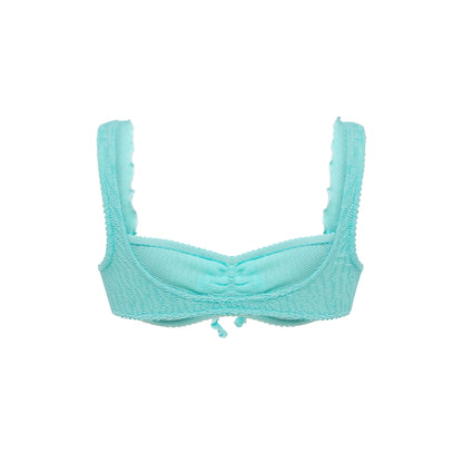Mint ruffle bikini top with crisscross back straps and scalloped edging