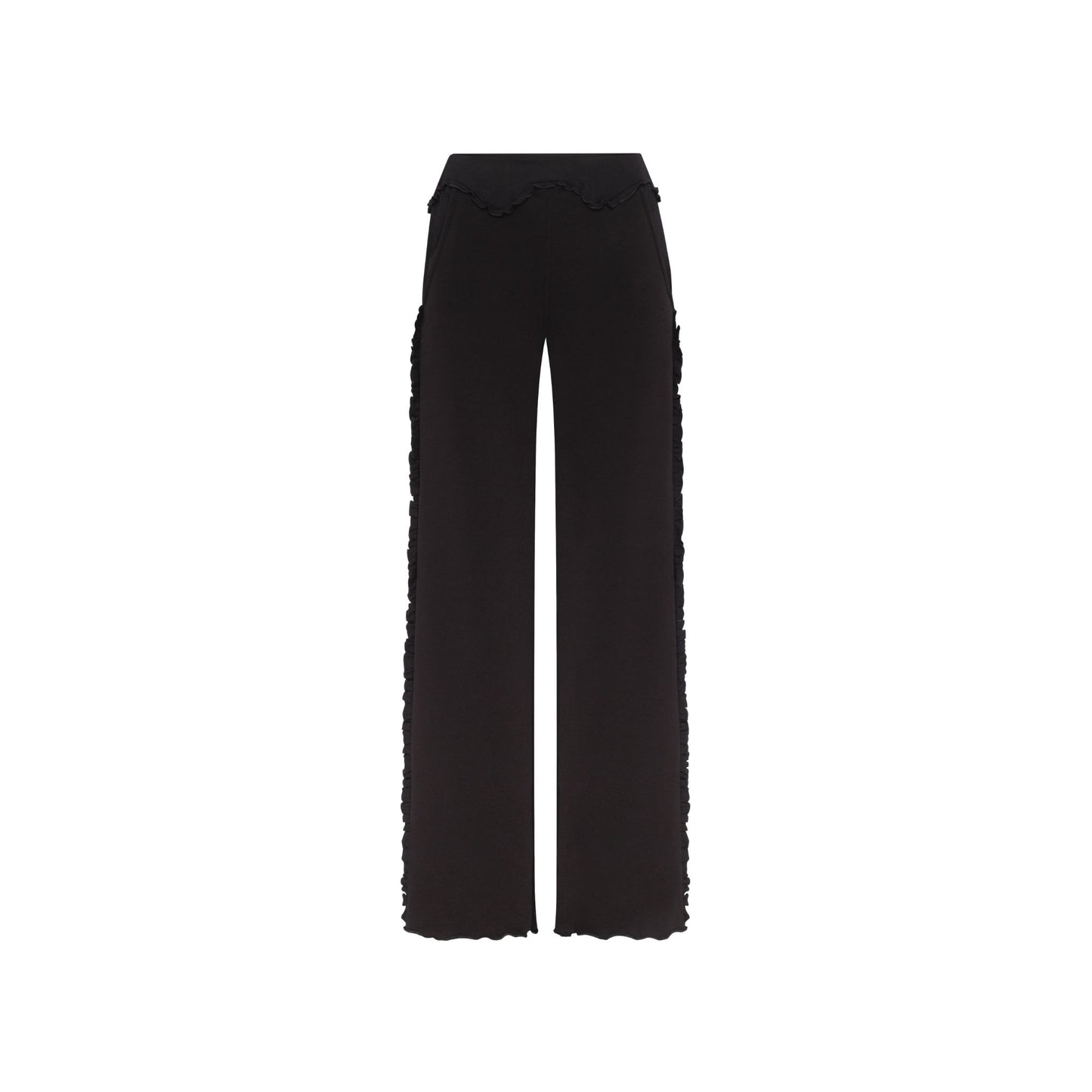 Black wavy-edge pants, wide straight legs, elastic waistband.
