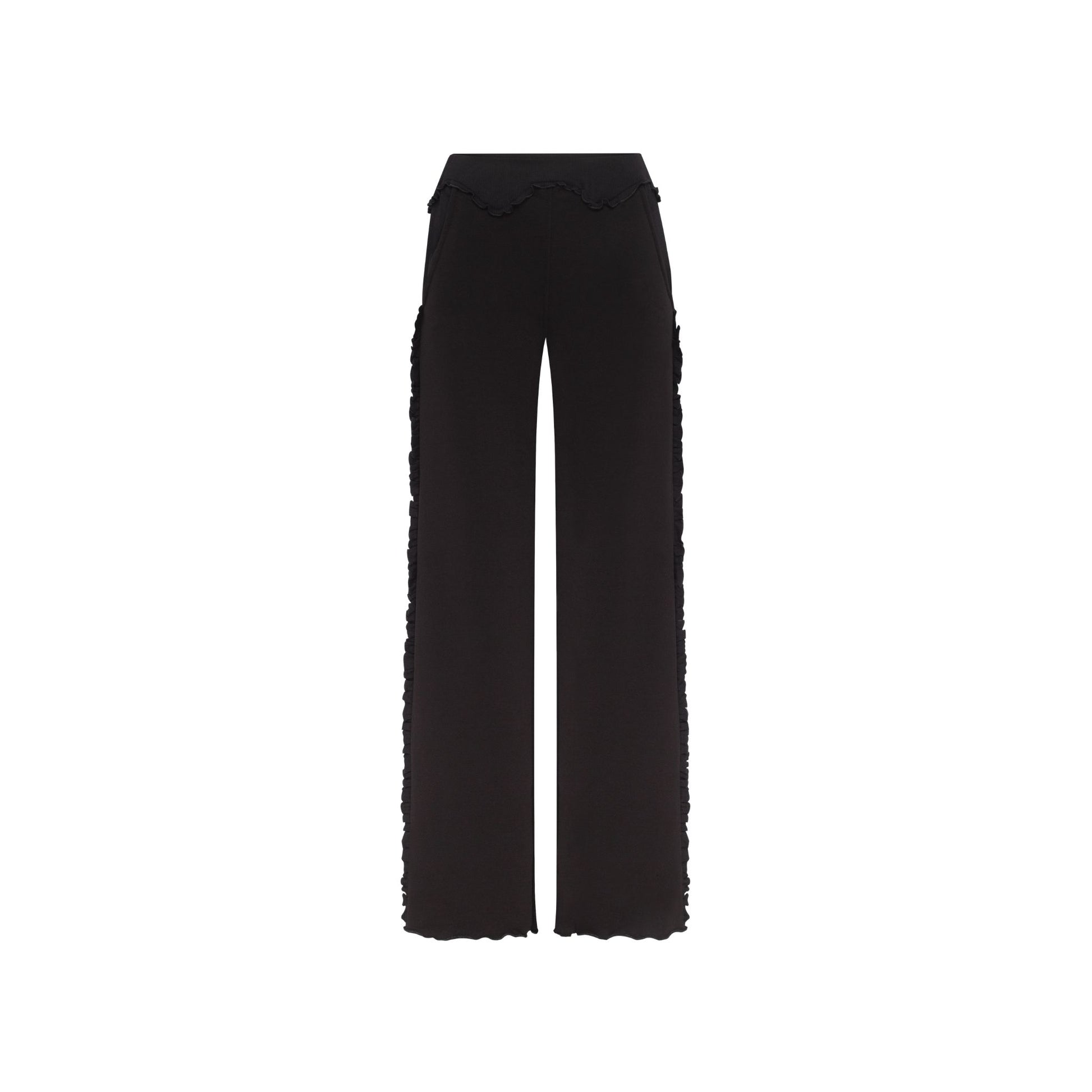 Black wavy-edge pants, wide straight legs, elastic waistband.