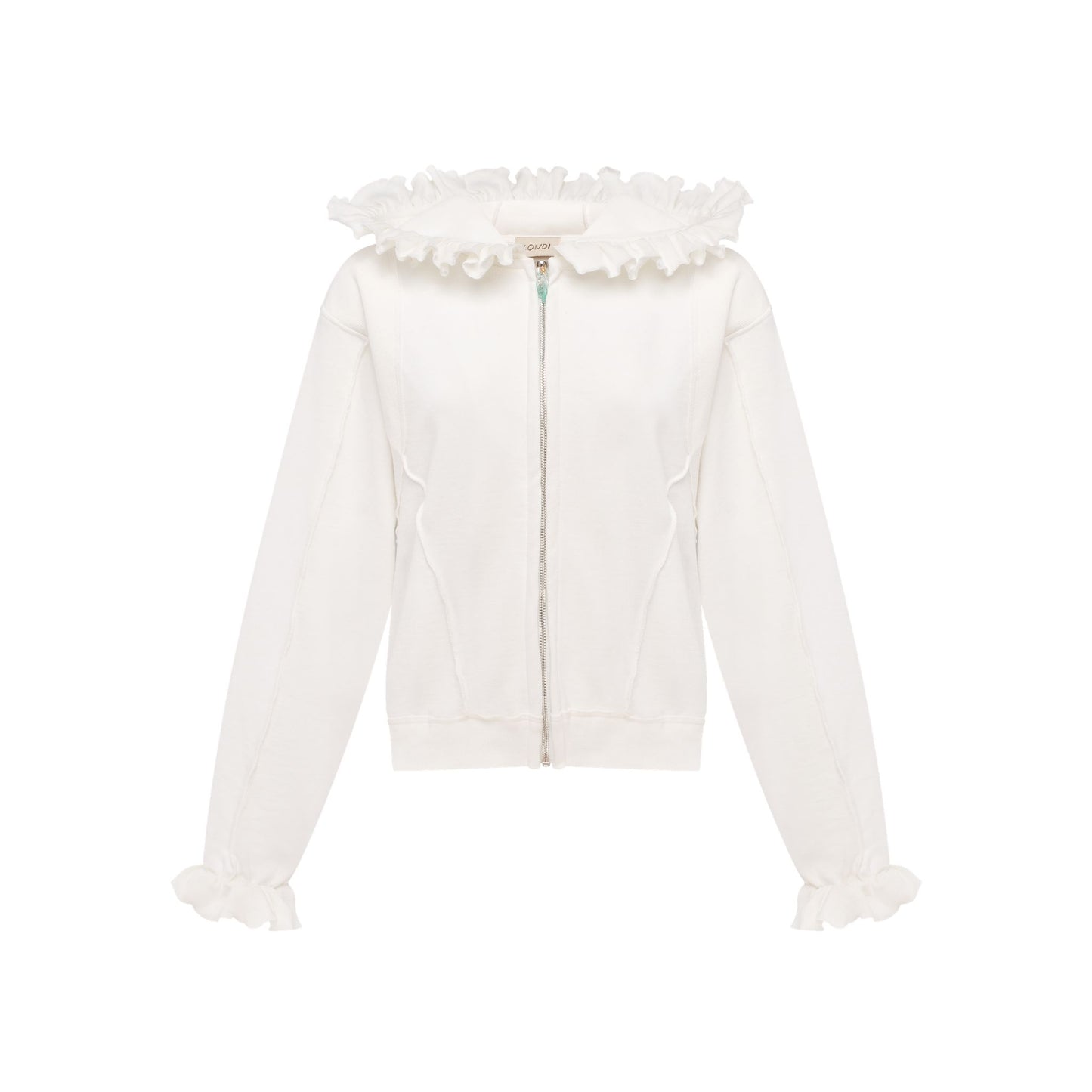 White zip-up hoodie with ruffled hood and front zipper