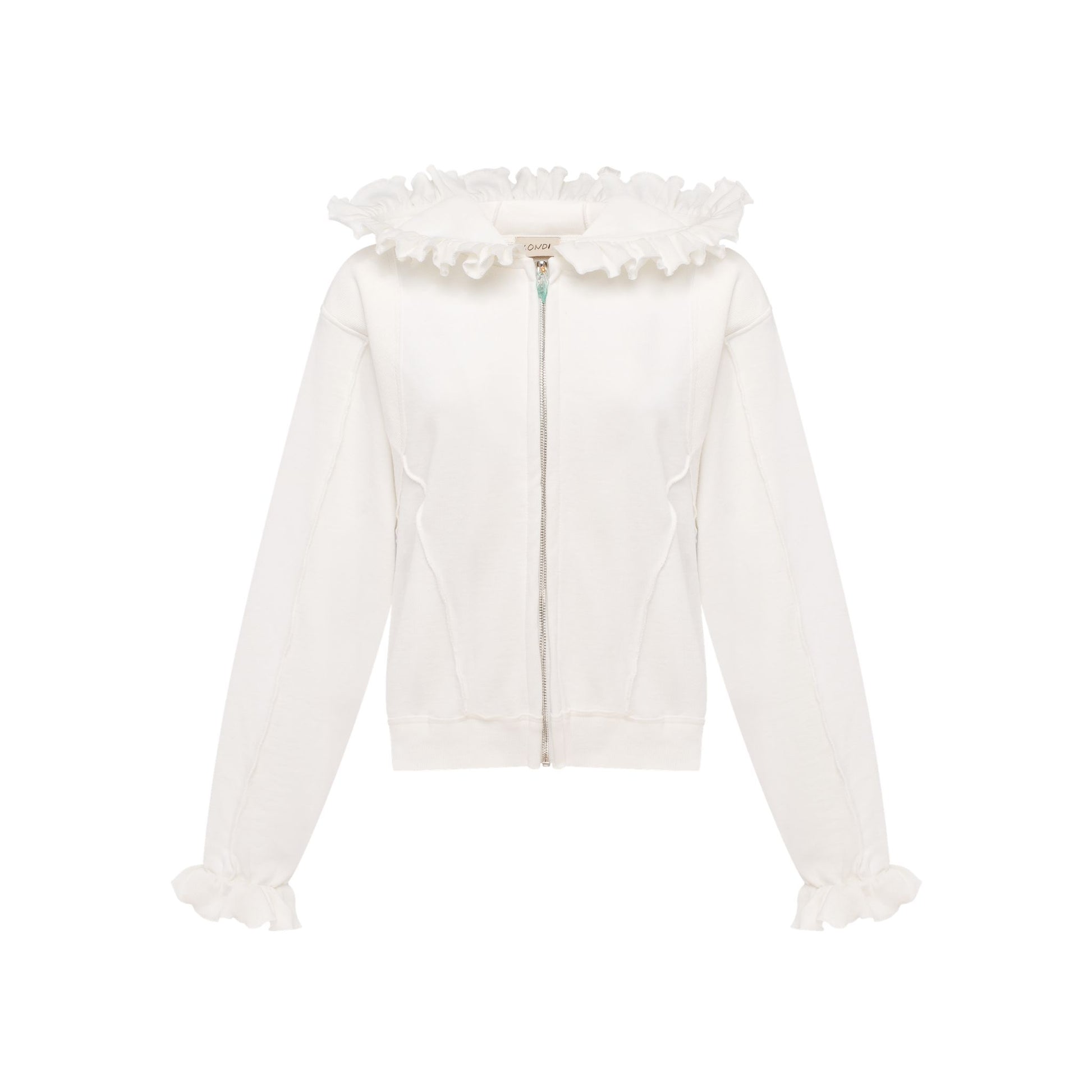 White zip-up hoodie with ruffled hood and front zipper