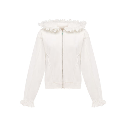 White zip-up hoodie with ruffled hood and front zipper