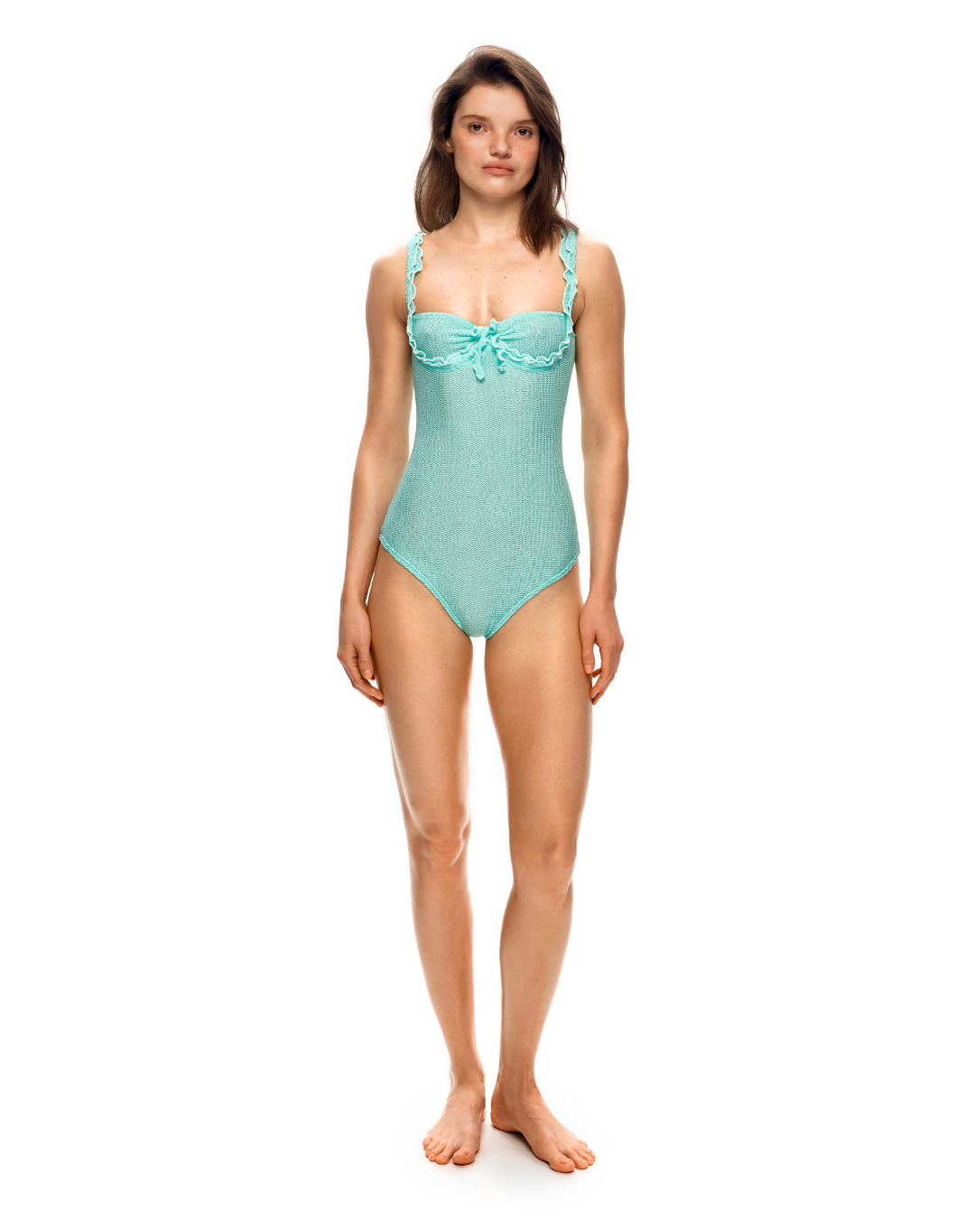Mint one-piece swimsuit with wave ruffle bust and center tie, full front view