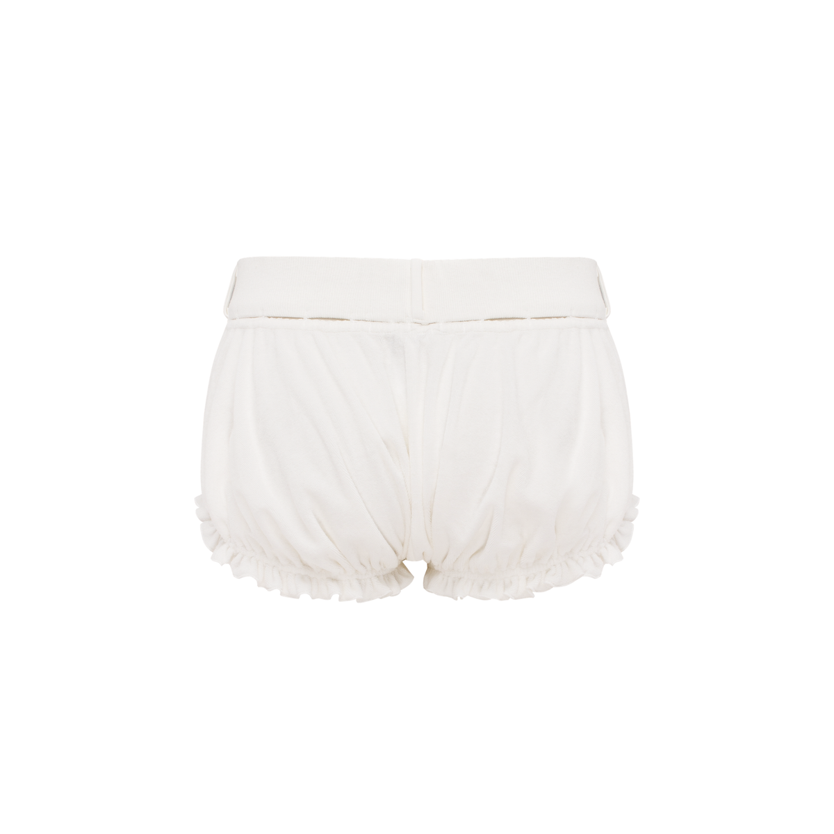 White shorts with elastic waistband and gathered legs