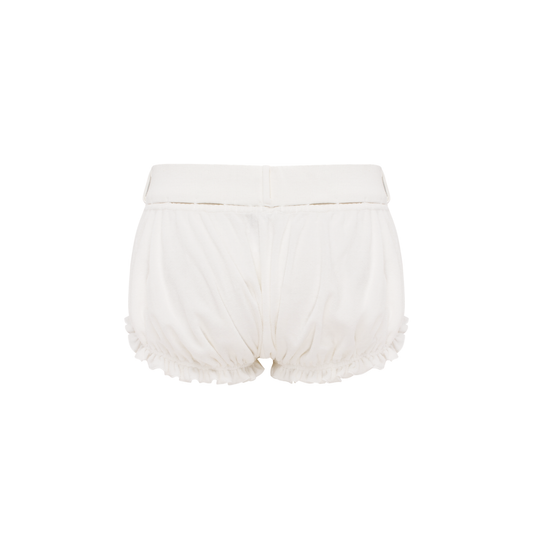White shorts with elastic waistband and gathered legs