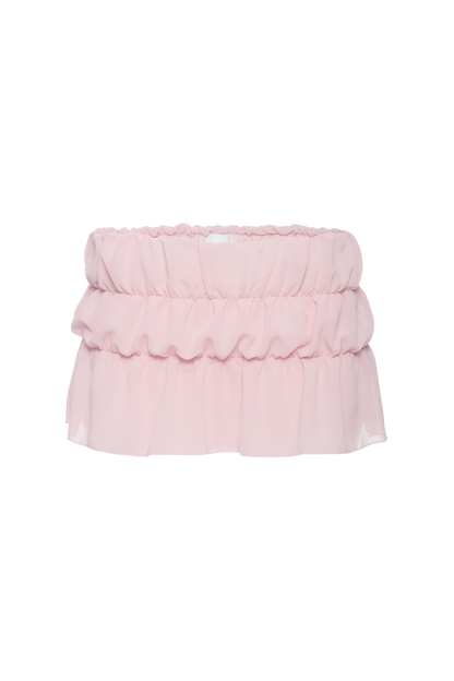 Pink layered skort with tiered ruffle skirt and elastic waistband.