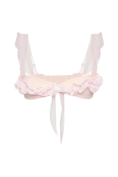 Pink ruffle bralette with scalloped edges and bow-tied straps