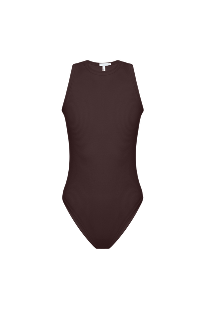 Brown ribbed sleeveless bodysuit with high neckline and full-coverage legs