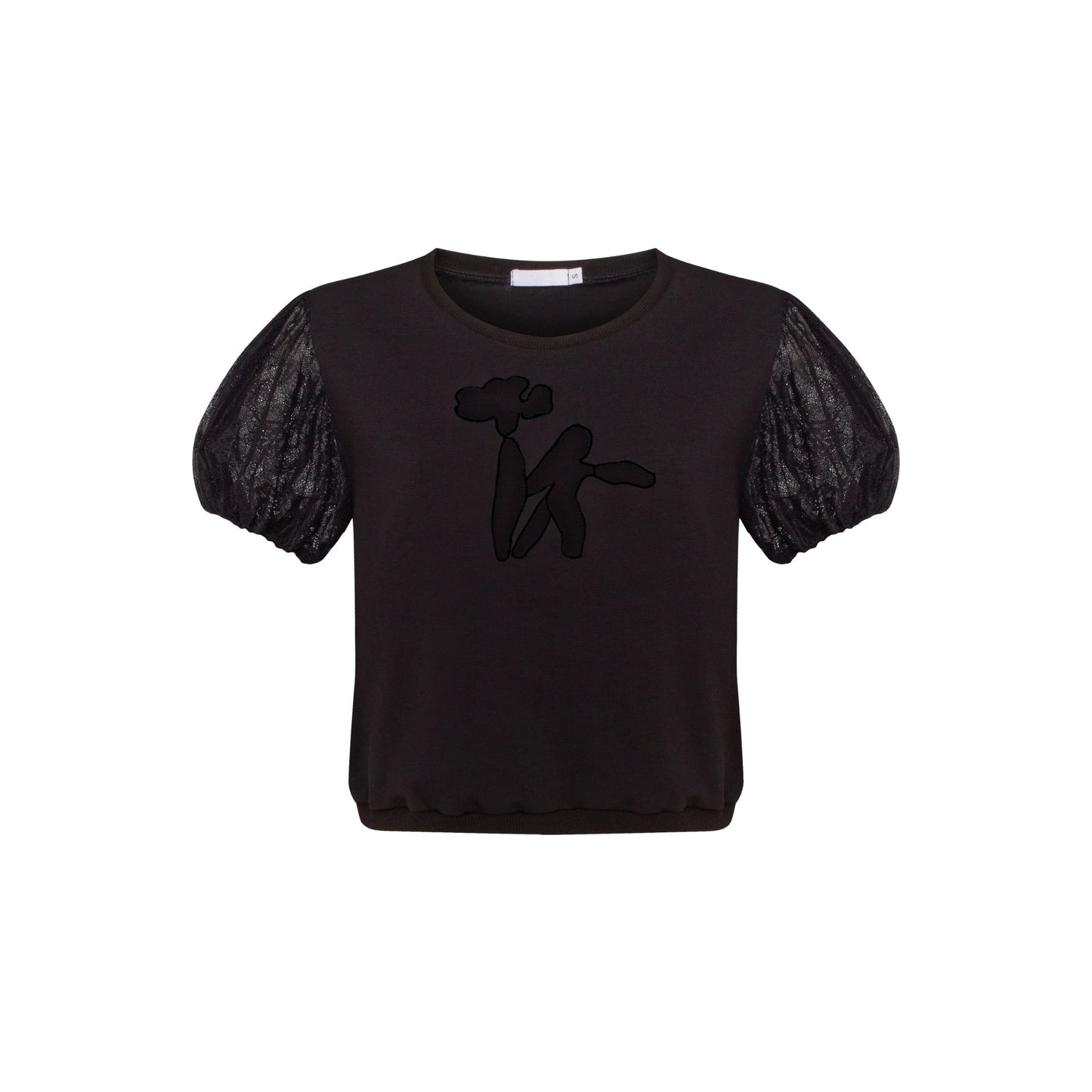 Black T-shirt with puff sleeves and front cutout-style appliqué