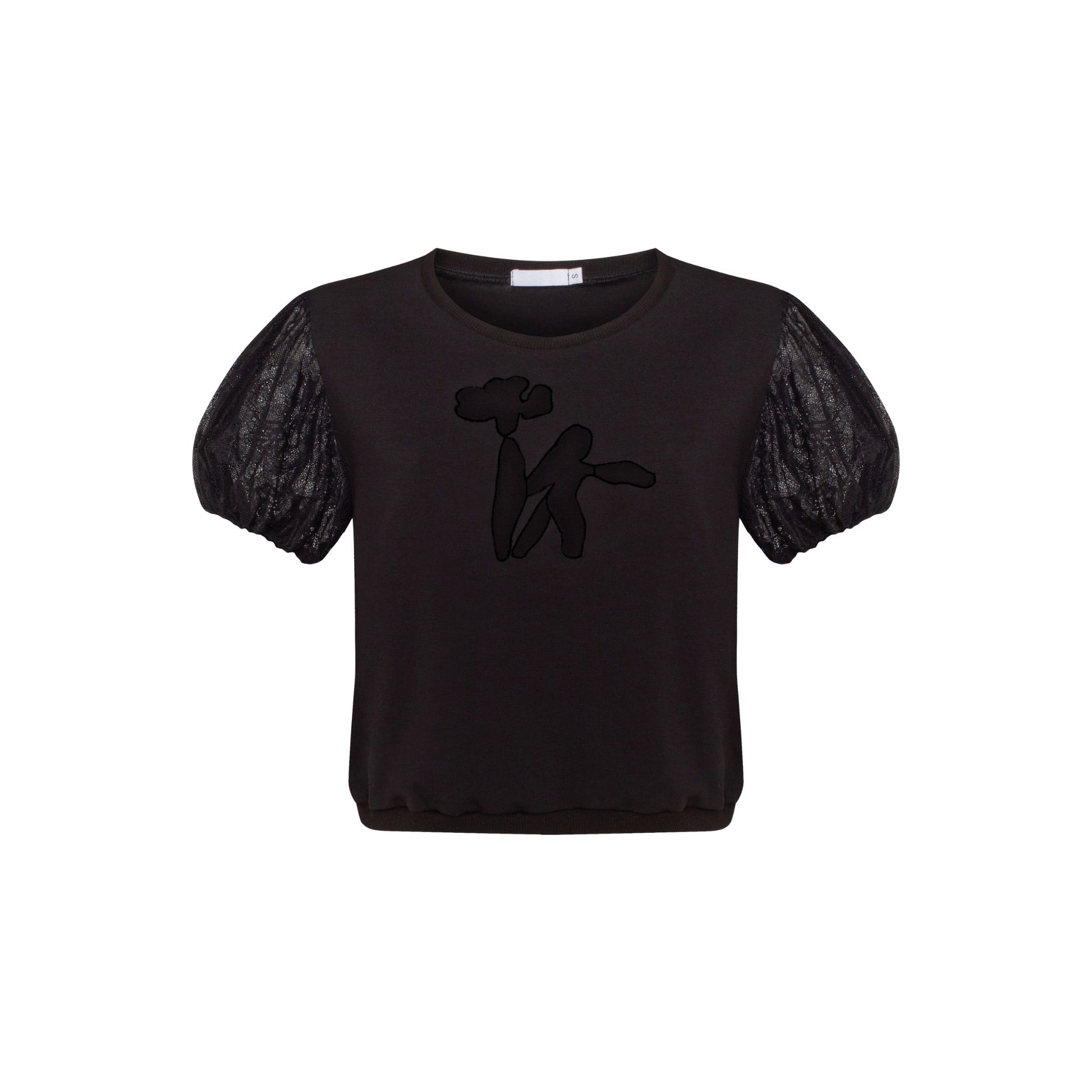 Black T-shirt with puff sleeves and front cutout-style appliqué