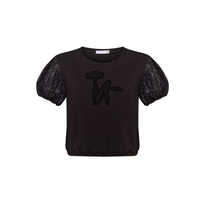 Black T-shirt with puff sleeves and front cutout-style appliqué