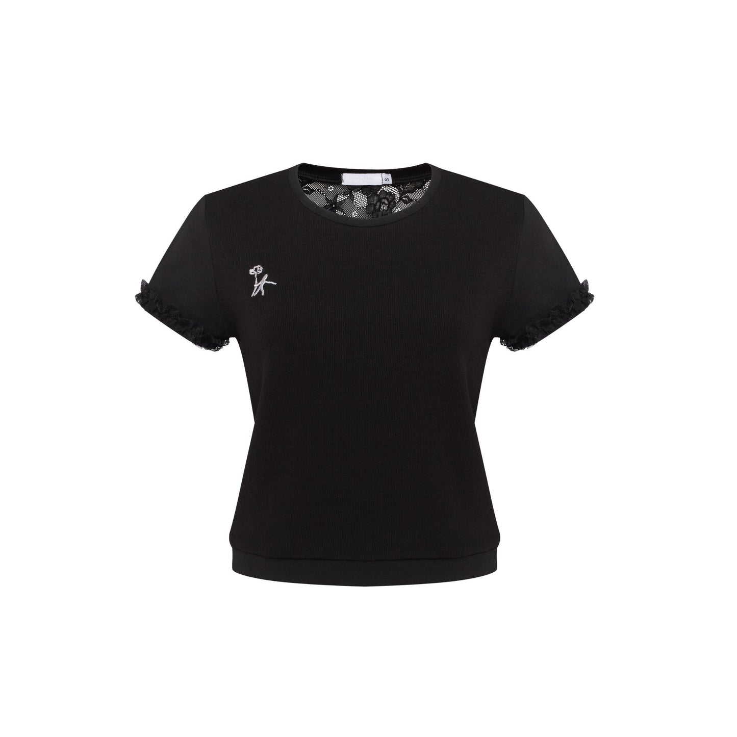 Black fitted T-shirt with lace 'bra' panel at neckline and short ruffle sleeves