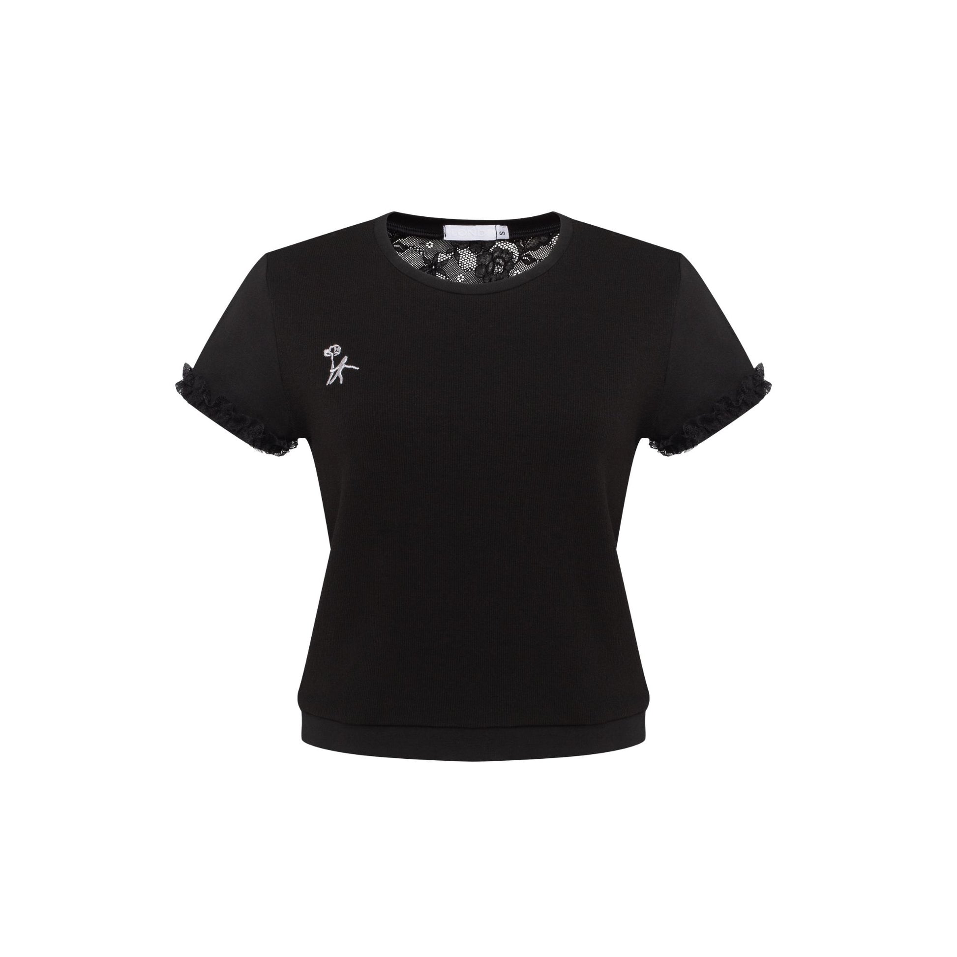 Black fitted T-shirt with lace 'bra' panel at neckline and short ruffle sleeves