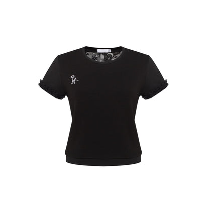 Black fitted T-shirt with lace 'bra' panel at neckline and short ruffle sleeves