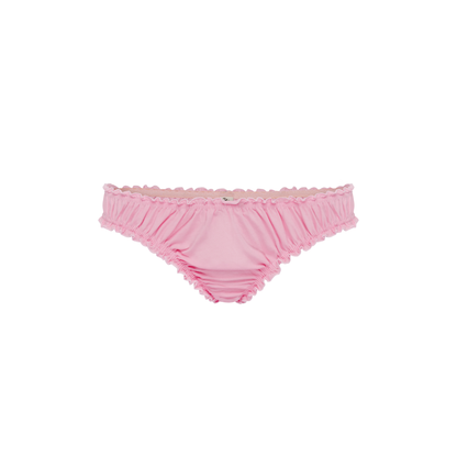 Pink ruched tanga underwear with ruffled waistband and gathered sides
