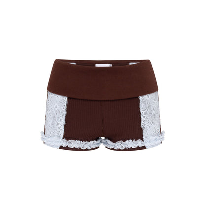 Shorts with Waistband in Brown with Blue Lace