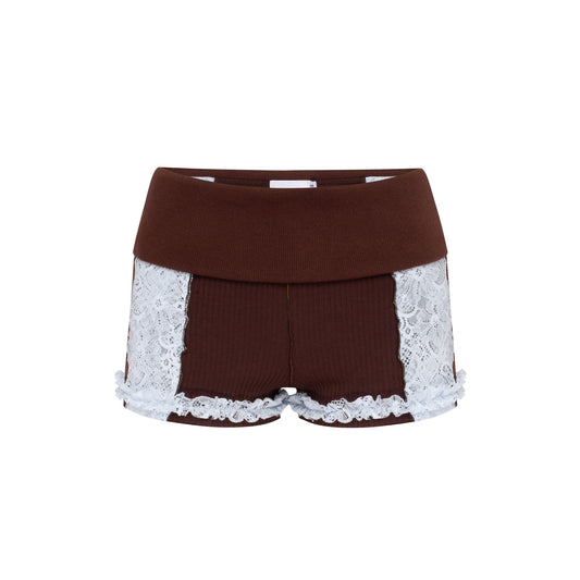 Shorts with Waistband in Brown with Blue Lace