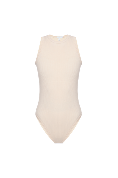 Beige sleeveless ribbed bodysuit with high neckline and thong-style bottom