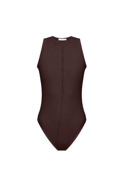 Ribbed dark brown sleeveless bodysuit with snap-button front and high-cut legs