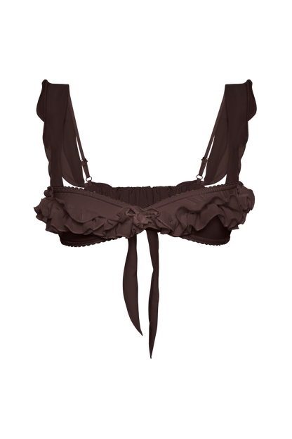 Brown ruffled bralette with off-shoulder straps and tie bow at center