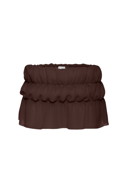 Brown layered skort with ruffled tiers and elastic waistband