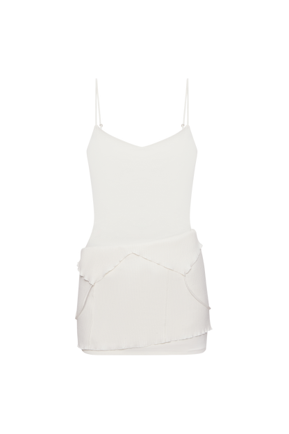 White double-layer mini dress with spaghetti straps and ruched tiered skirt