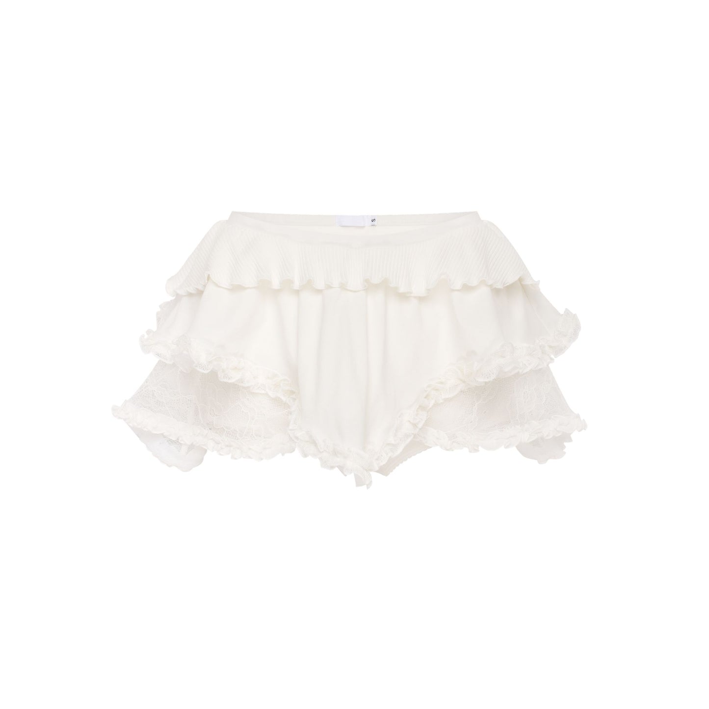 White lace skort with layered ruffle trim and scalloped edges