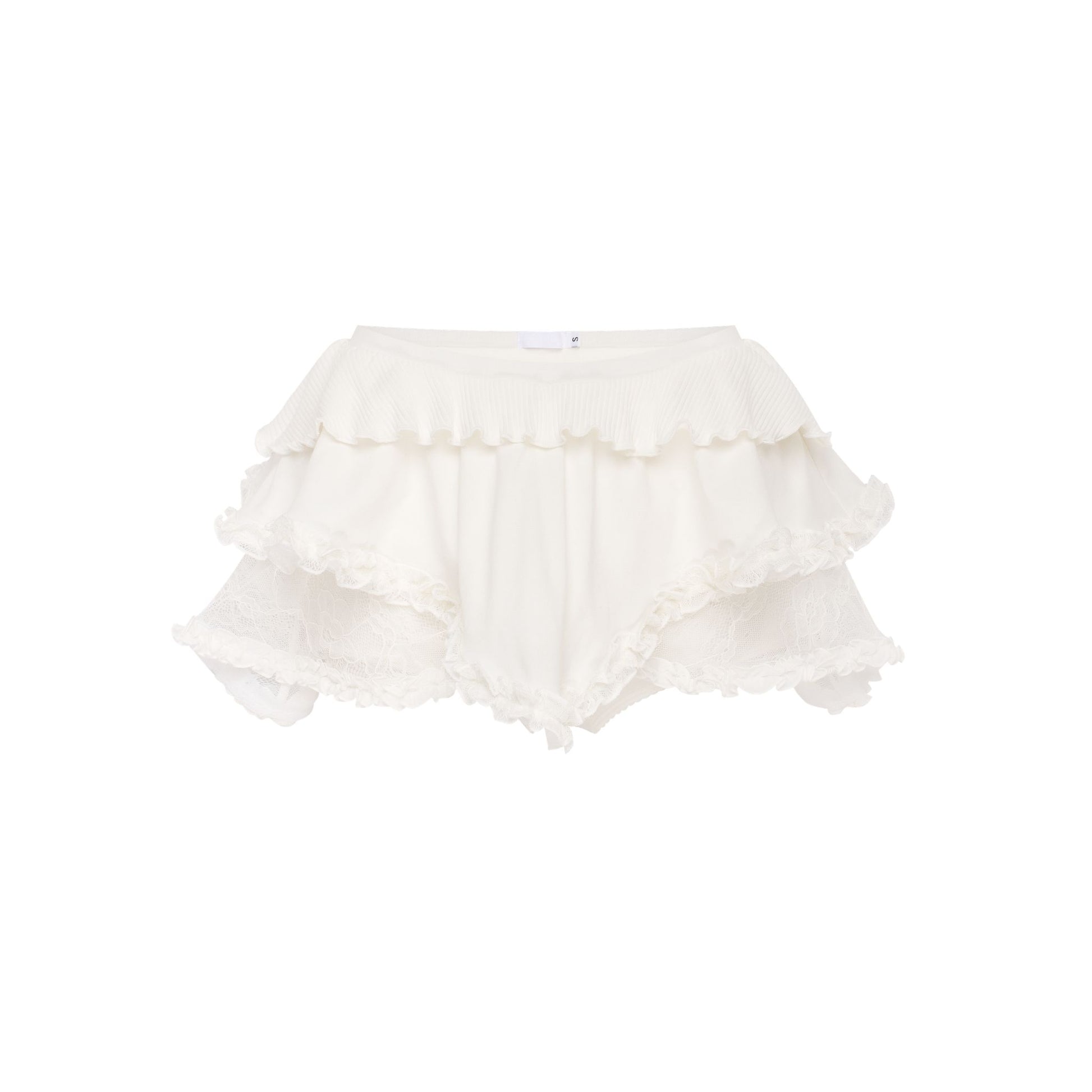 White lace skort with layered ruffle trim and scalloped edges