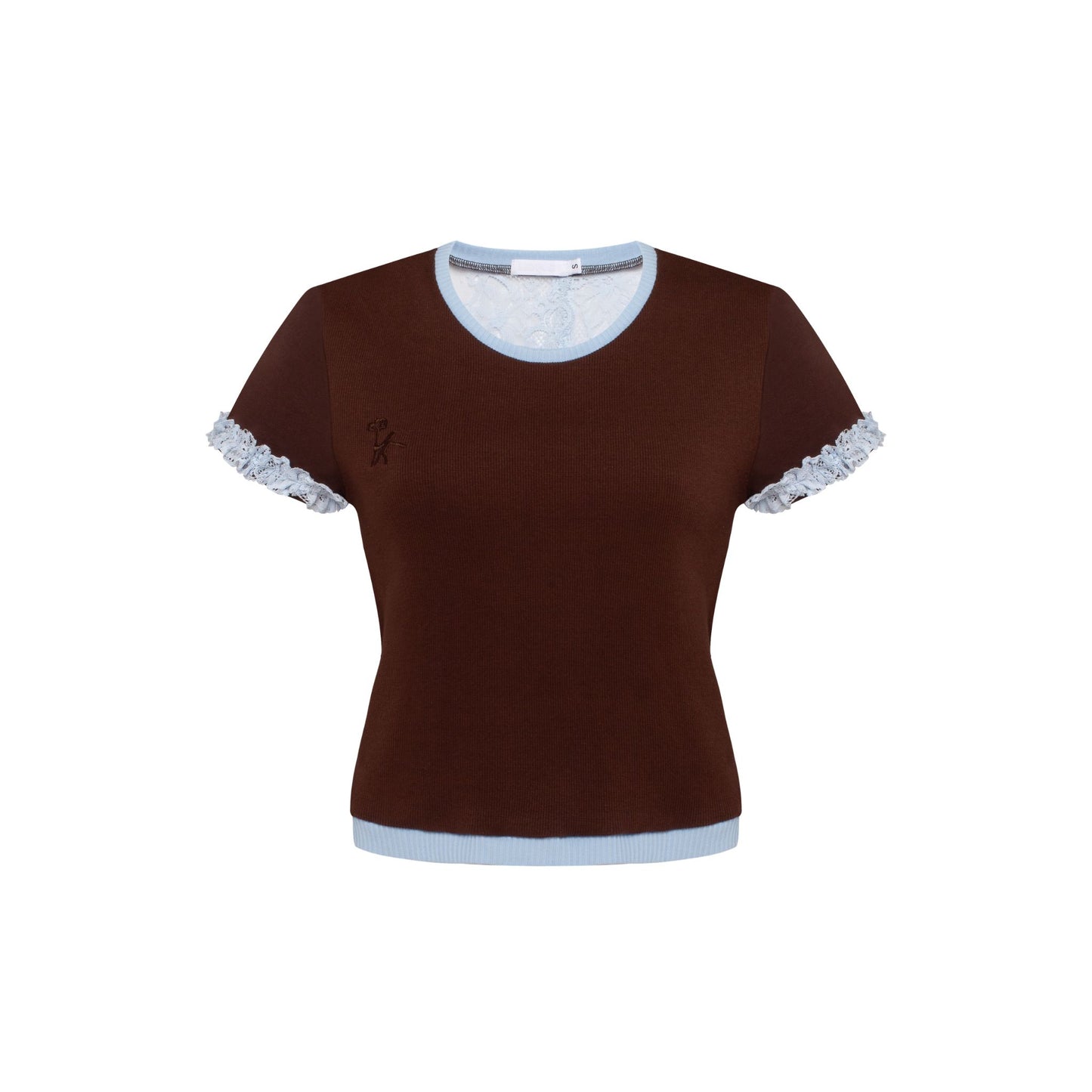 Brown knit t-shirt with light blue trim, lace sleeves, and bra-like front panel.