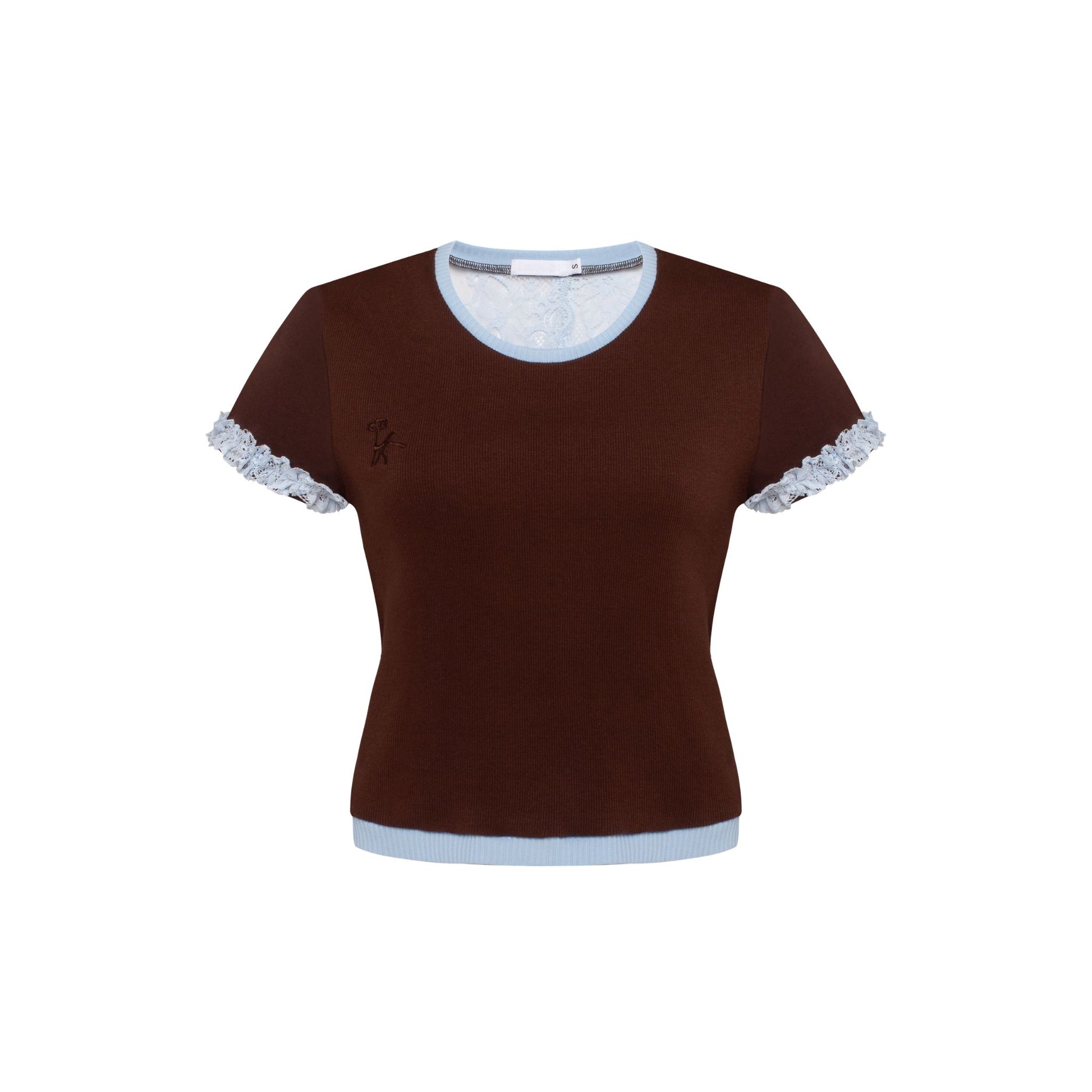Brown knit t-shirt with light blue trim, lace sleeves, and bra-like front panel.