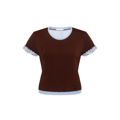 Brown knit t-shirt with light blue trim, lace sleeves, and bra-like front panel.