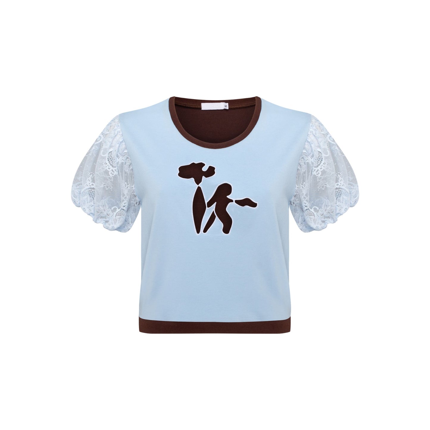 Light blue cropped T-shirt with brown neckline trim and white lace puff sleeves; brown dancer graphic