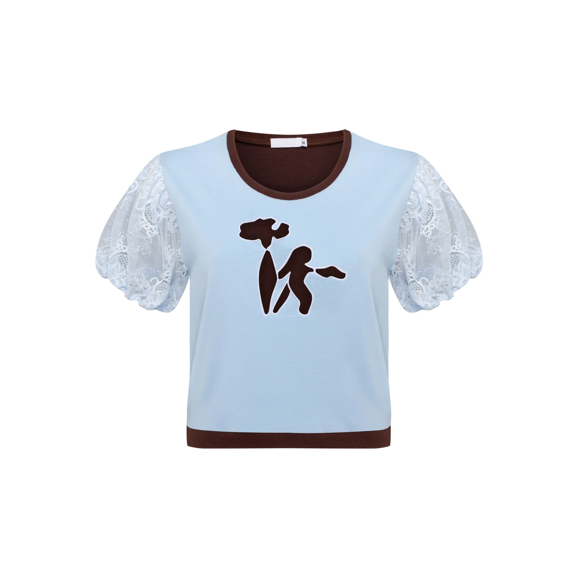 Light blue cropped T-shirt with brown neckline trim and white lace puff sleeves; brown dancer graphic