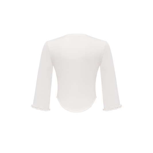 White openwork long-sleeve top with lace-trim cuffs, back view