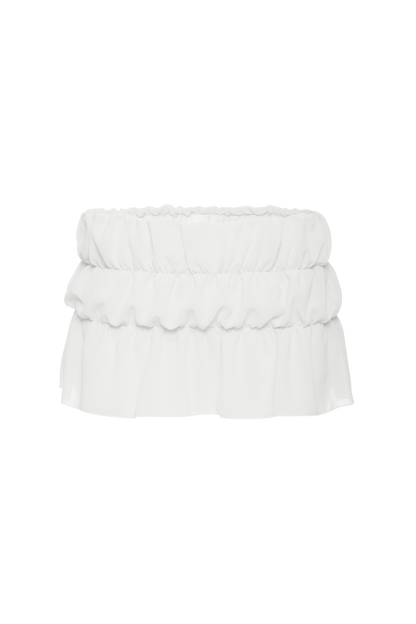 White layered skort with ruffled tiers and elastic waistband