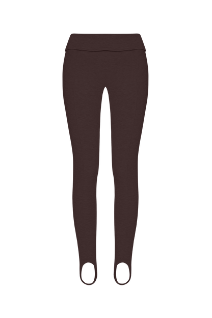 Brown slim leggings with high-rise waist and wavy wave-detail at the front