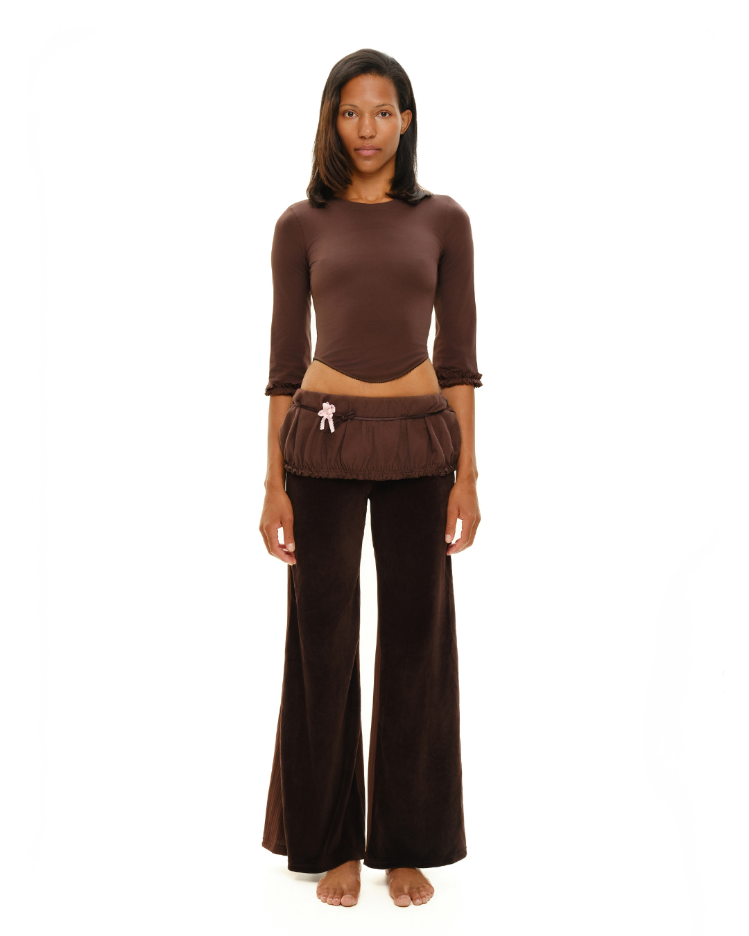 Brown wide-leg pants with elastic waistband and drawstring tie detail