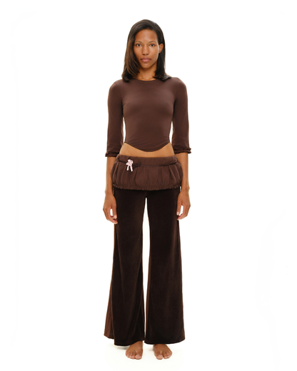 Brown wide-leg pants with elastic waistband and drawstring tie detail