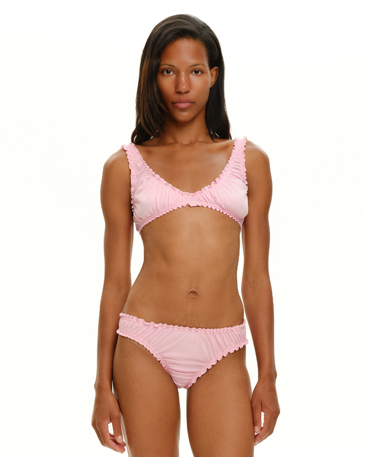 Pink ruched bralette top with scalloped neckline