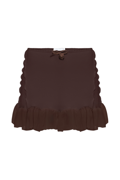 Brown ruffle skort with elastic waistband and bow at center front