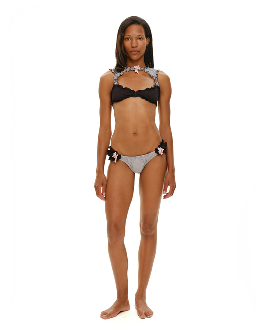 Rosette bikini set: black scalloped bra top and light gray tanga bottoms