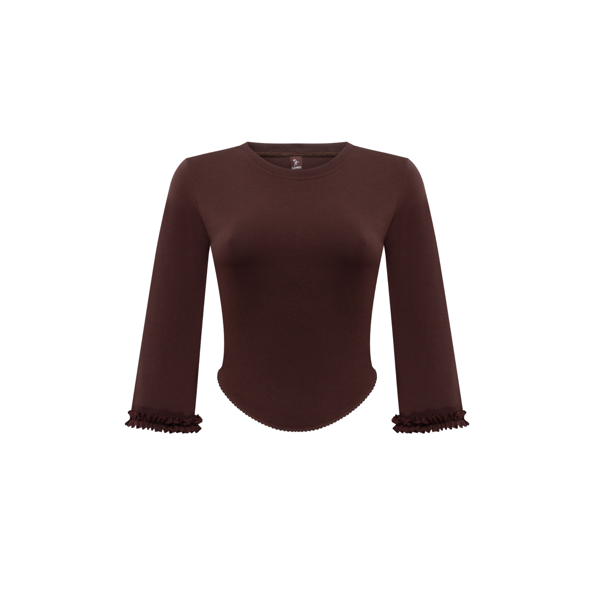 Brown long-sleeve top with frayed cuffs and curved hem