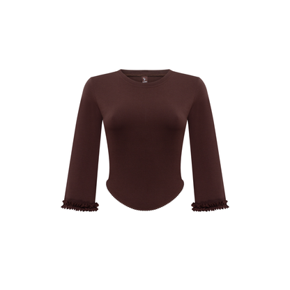 Brown long-sleeve top with frayed cuffs and curved hem