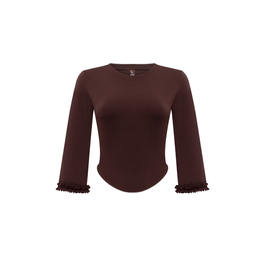 Brown long-sleeve top with frayed cuffs and curved hem