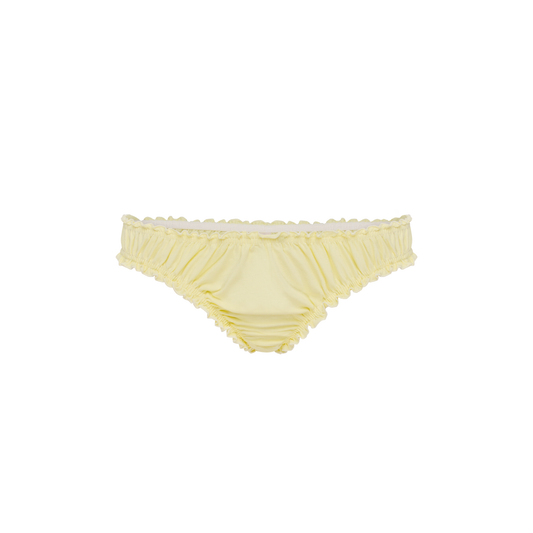 Yellow tanga underwear with ruffled trim waistband